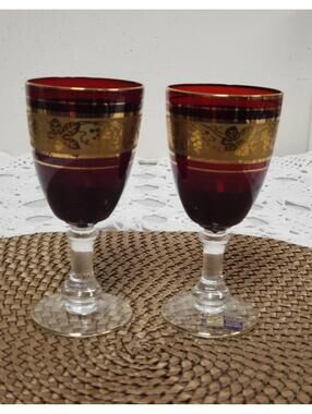 Pair Bohemian Ruby Glass Goblets Gold Grape Design - Czechoslovakia Hand Made